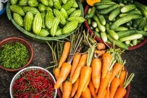 okra, cucumbers, chillies, and carrots 